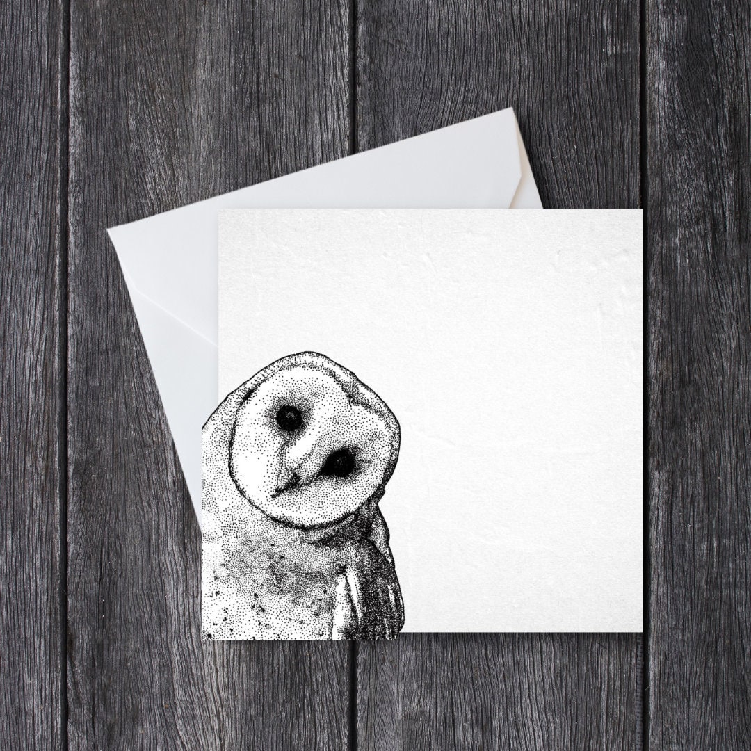Grid image for Owl Greeting Card - Handmade, Black and White, Birds, British Wildlife, Nature Lover, Artist Card, Blank, Square Design for Any Occasion